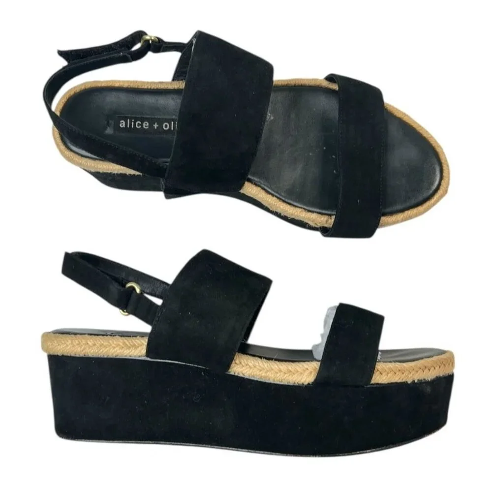 Alice + Olivia Anastasia Flatforms Suede Platform Sandals Jute Trim Black 7.5